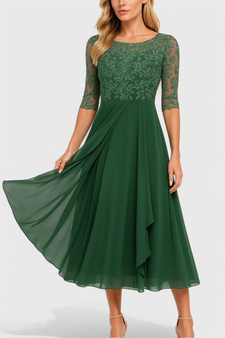 Abby | Robe Midi à Encolure Illusion Brodée