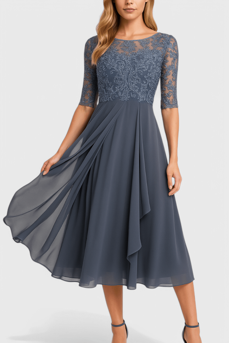 Abby | Robe Midi à Encolure Illusion Brodée